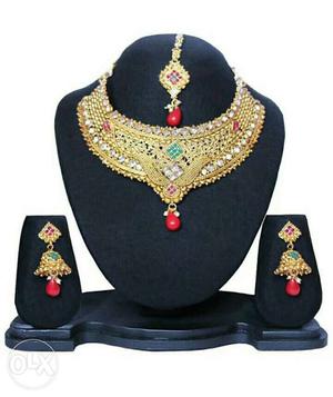 Gold, Red And Diamond Necklace, Earrings And Head Pendant