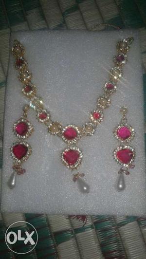 Gold With Pink Gemstone Necklace And Earrings Set