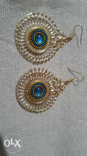 Pair Of Gold Blue Gem Embedded Hook Earrings