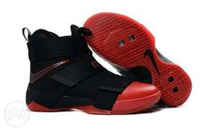 Pair Of Red-and-black Nike LeBron James 10's