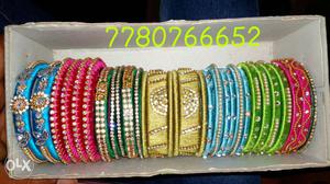 Pink, Green, And Blue Silk Thread Bangles