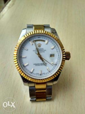 Round Gold And White Rolex Minimalist Watch With Mink Band
