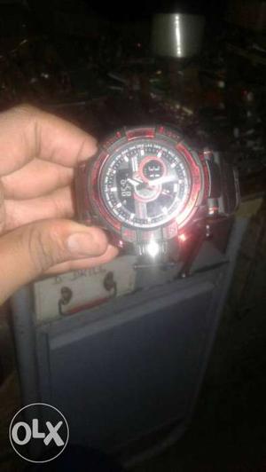 Round Red Chronograph Watch With Band