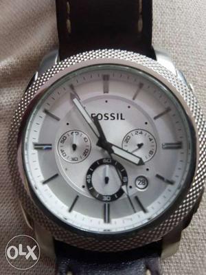 Round Silver Fossil Chronograph Watch With Black Strap