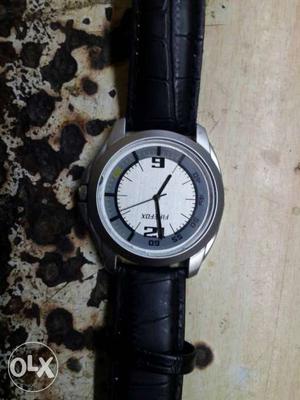 Silver Round Face With Black Leather Strap Watch