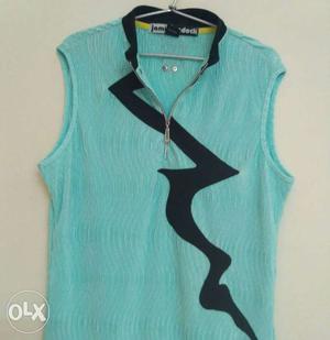 Teal And Black Henley Sleeveless Top