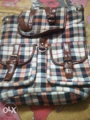 White, Blue And Brown Plaid Leather Backpack