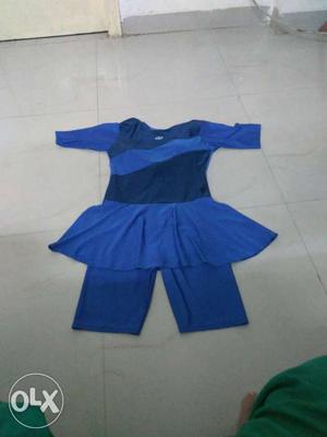 Women' Blue Short Sleeve Skirt And Shorts