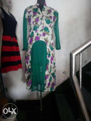 Women's Green, Purple, White, And Yellow Floral Kameez