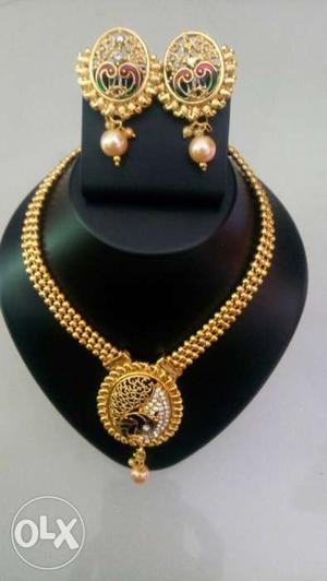 Women's Pair Of Gold Jhumka Earrings And Necklace