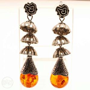 Women's Pair Of Silver And Orange Earrings