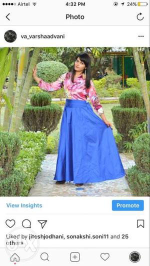 Women's Pink And Blue Satin Long Sleeved Long Dress