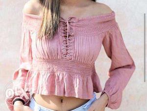 Women's Pink Off-shoulder Long-sleeved Crop Top