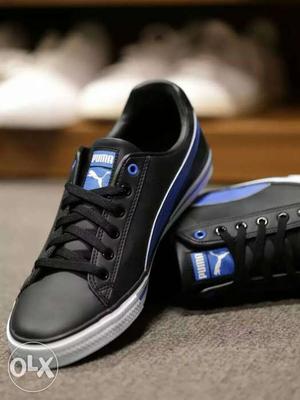Black And Blue Puma Leather Low-top Sneakers