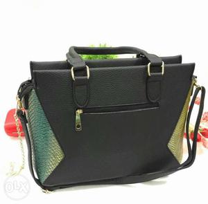 Brown, Teal And Grey Leather 2-way Handbag