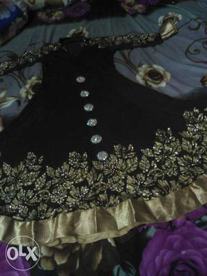 Embroidered Brown And Black Sleeved Traditional Dress