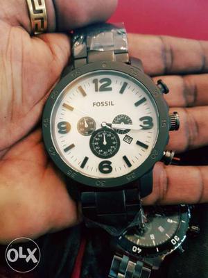 Grey Link Bracelet White Round Fossil Chronograph Watch