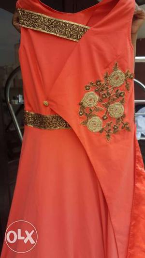 Orange And Black Floral Boat-neck Sleeveless Dress