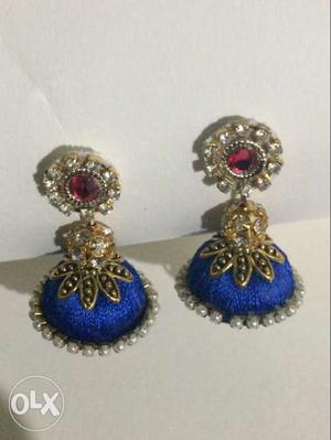 Pair Of Gold-and-blue Jhunka Earrings