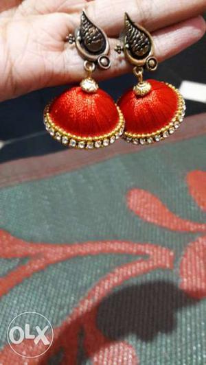 Pair Of Red And Gold Silk Thread Jhumka