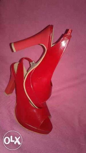 Pair Of Red Leather Open-toe Pumps