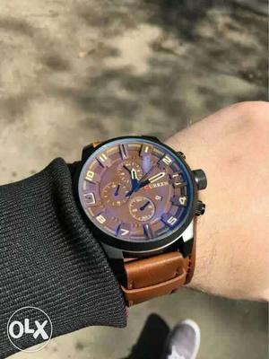 Round Black Bezel Frame Chronograph Watch With Brown Leather