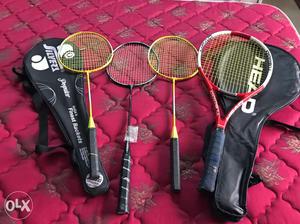 Three Badminton Rackets And 1 Tennis Racket