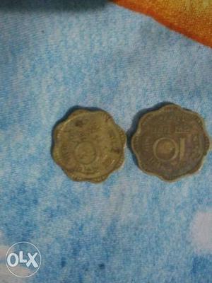 Two Scalloped Edge Silver 10 Indian Paise Coins