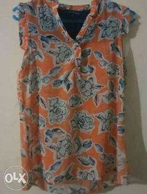Women's Orange And Blue Floral Printed Sleeveless Blouse