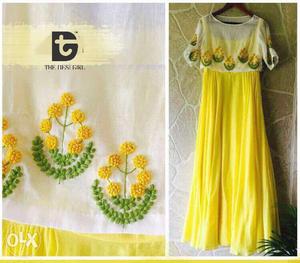 Yellow And White Floral Short-sleeved Long Dress