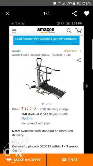Black And Gray Aerofit Multi Function Manual Treadmill