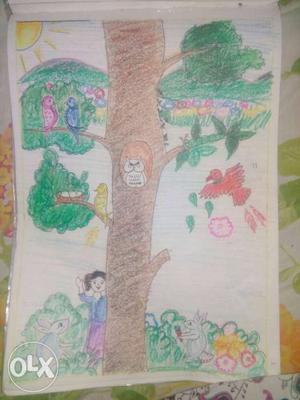Girl Under The Tree Drawing With Color