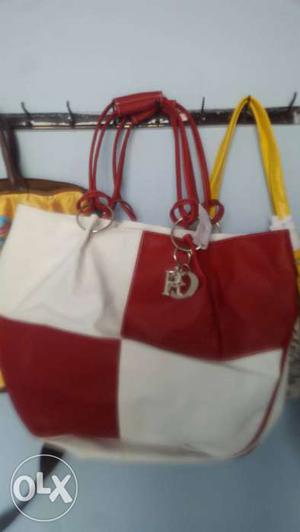Red And White Leather Hand Bag