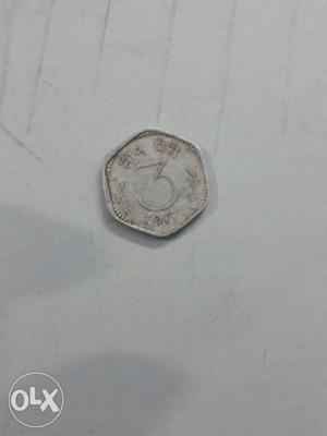 Round Silver 3 Paise Coin