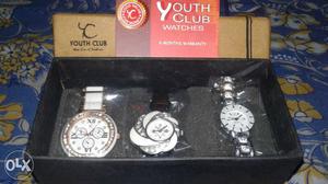 Three Silver Youth Club Watches In Box