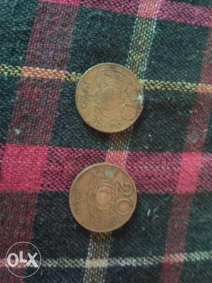 Two Copper 20 India Paise Coins