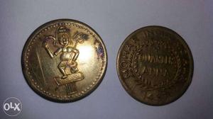 Two Round Gold Indian Quarter Anna Coins