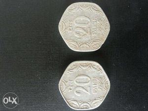Two Silver 20 Indian Paise Coins
