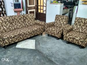 Brown And Black Floral Fabric Padded Sofa Set \