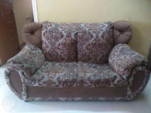 Brown And White Floral Roll Arm 2-seat Sofa