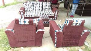White, Blue, And Maroon Fabric Sofa Set Of 3 With Ottoman