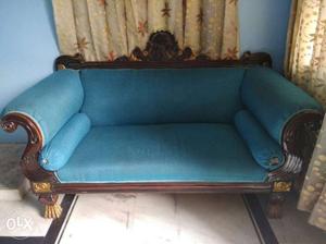 2 Brown Wooden Base With Blue Padded Rolled-arm Sofa