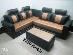 Black And Brown Leather Tufted Section Sofa With Table