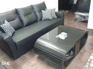 Black Leather Three Seat Sofa With Pillows