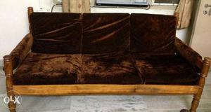 Brown Velvet 3-seat Sofa With Brown Wooden Frame