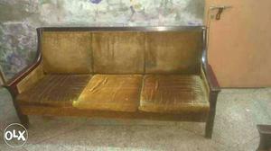 Brown Wooden Framed Brown 3-seater Couch