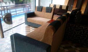 Brown-and-black Fabric Sofa Set