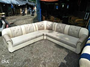 Gray And Beige Fabric Sectional Sofa