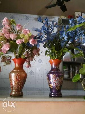 Two Blue And Pink Flower In Brown And Purple Ceramic Vase