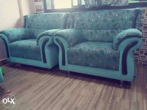 Two Teal-and-grey Paisley Printed Sofa Chairs